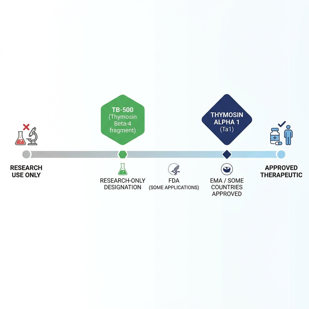 Regulatory context comparison scale for thymosin alpha 1 and TB-500 peptides.
