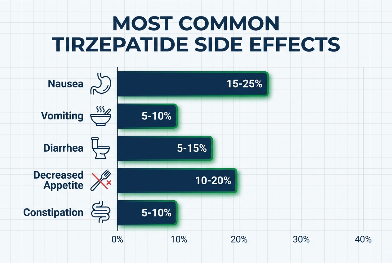 Infographic bar chart of common tirzepatide side effects including nausea, vomiting, diarrhea, decreased appetite, and constipation with frequency percentages.