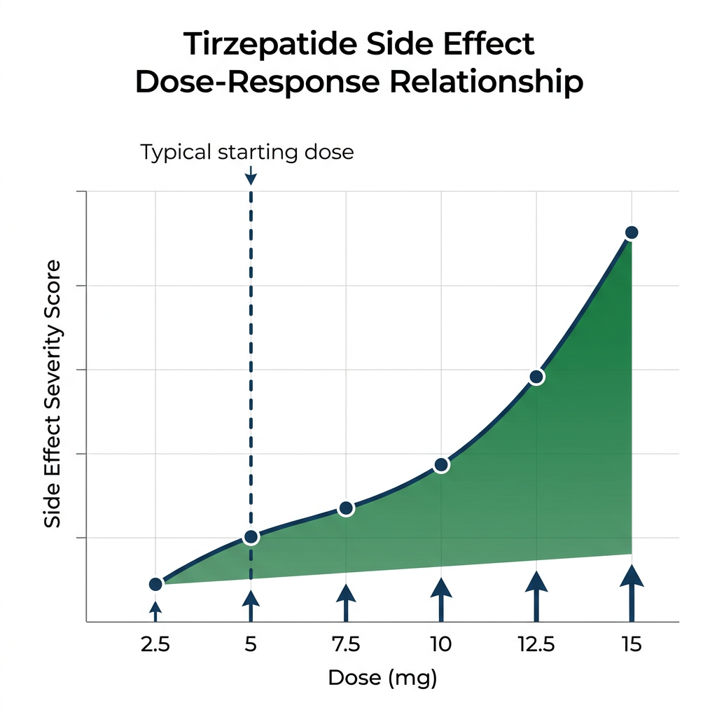 Dose-response curve showing tirzepatide side effect severity increases with dose from 2.5 to 15 mg, with markers for escalation steps.