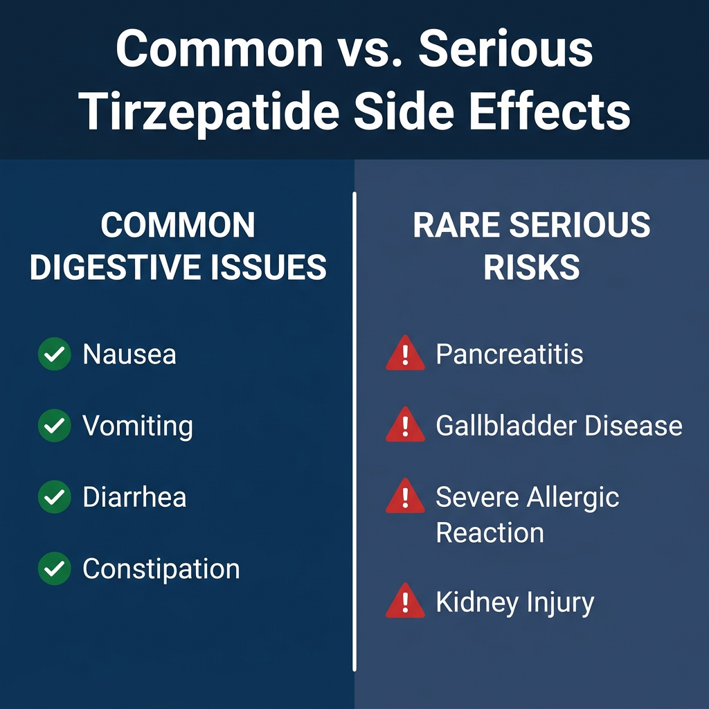 Comparison infographic of common digestive tirzepatide side effects versus rare serious risks like pancreatitis and gallbladder disease.