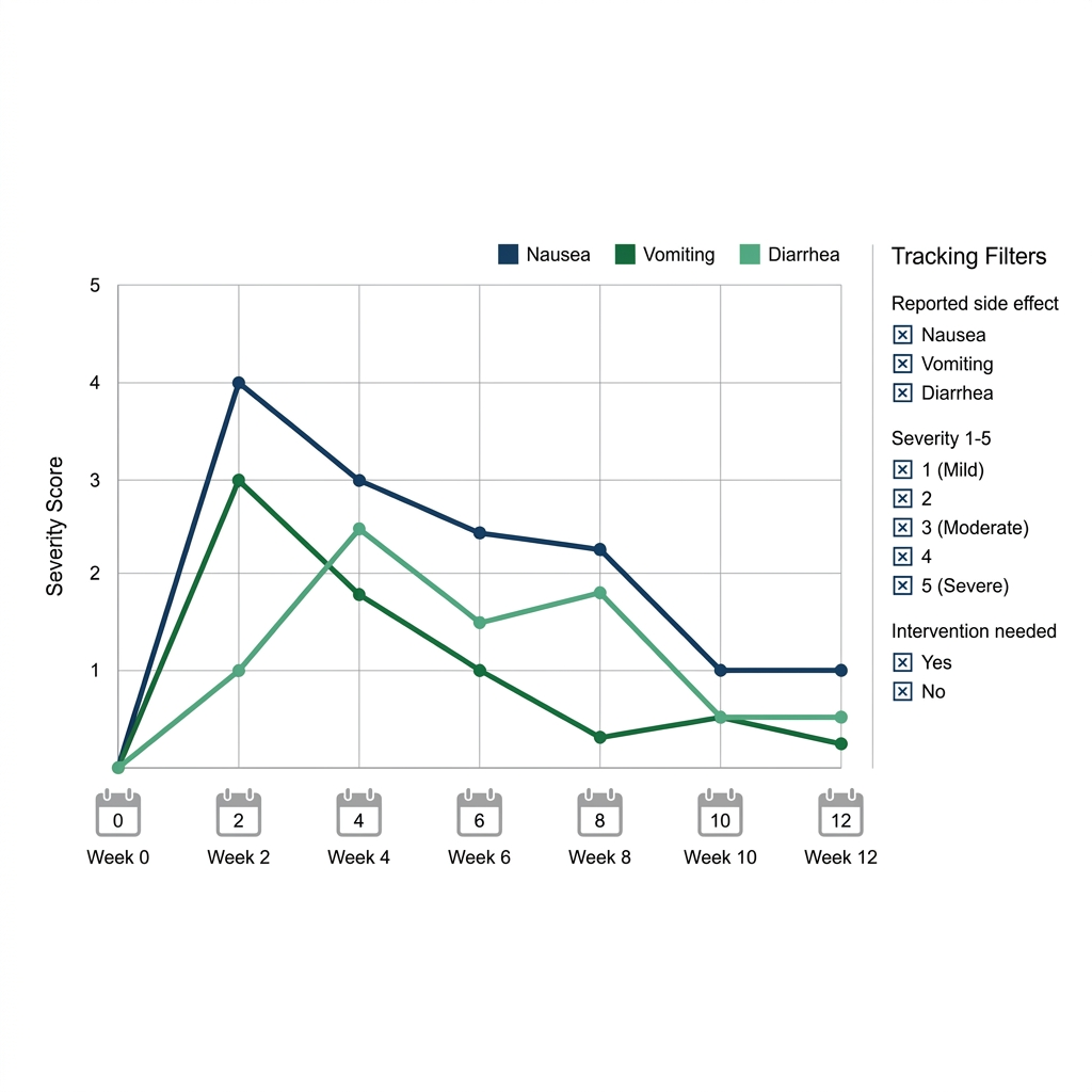 Clinical tracking dashboard infographic with timeline and severity line graph for monitoring tirzepatide side effects over 12 weeks.
