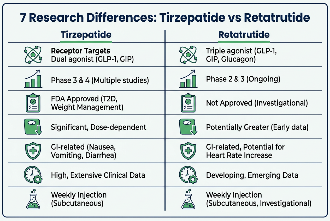 Infographic comparing seven research differences between tirzepatide and retatrutide for peptide scientists.