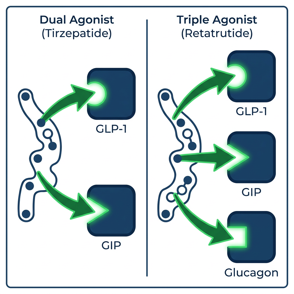 Diagram comparing dual and triple receptor agonist targets for tirzepatide and retatrutide.