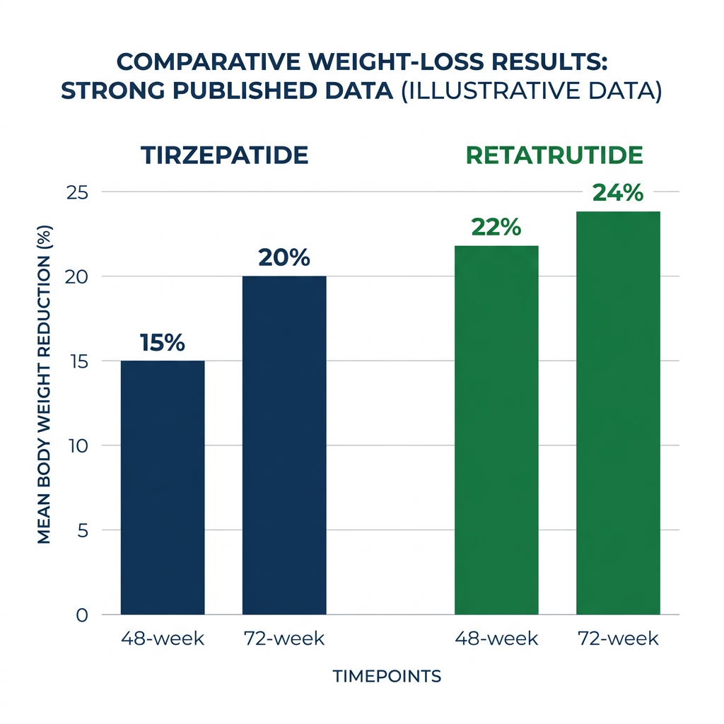 Bar chart comparing weight loss percentages for tirzepatide and retatrutide at 48 and 72 weeks.