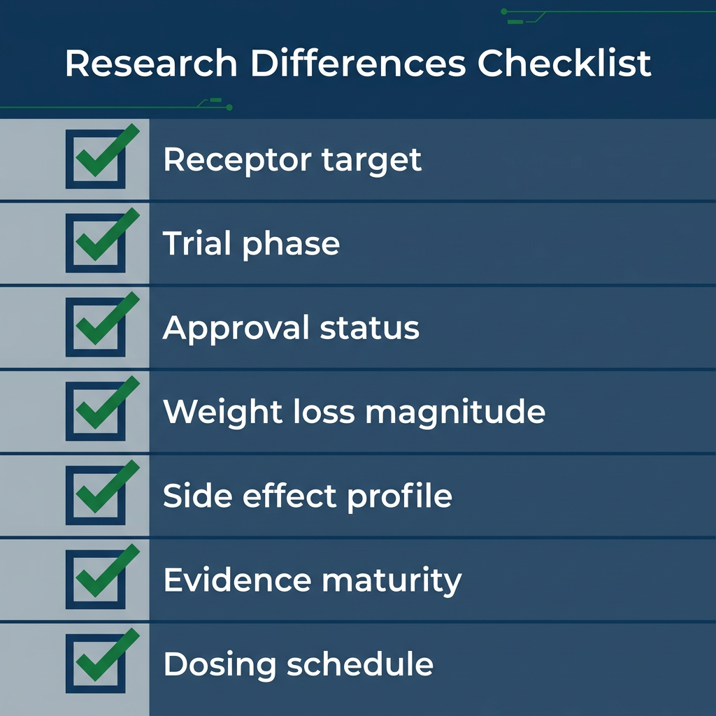 Checklist infographic listing seven research differences for peptide laboratory analysis.