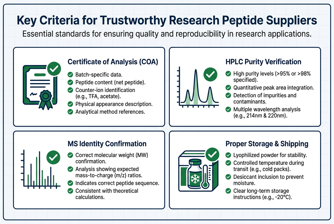 Infographic checklist of key criteria for peptide libraries: which research peptide suppliers are trustworthy in 2026? Shows COA, HPLC/MS verification, storage conditions, and supplier reputation.