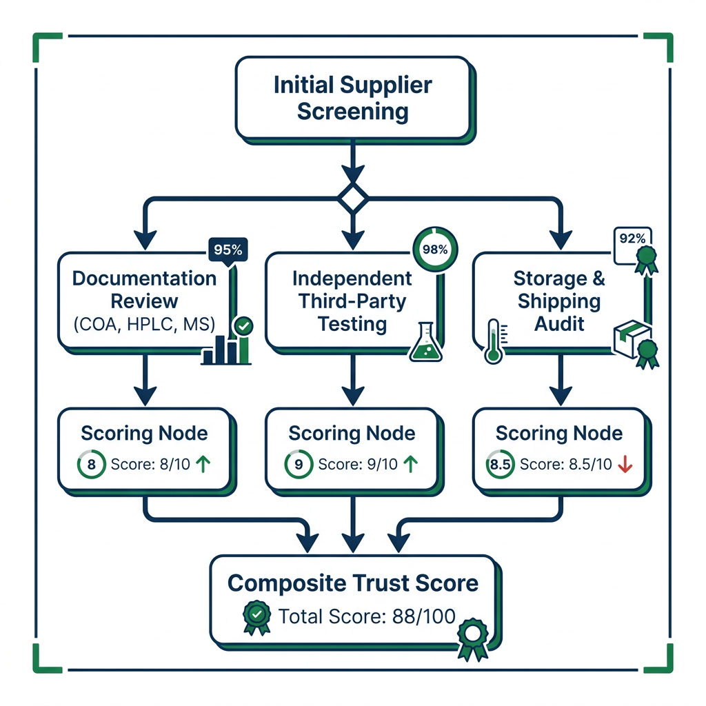 Flowchart diagram showing the evaluation methodology for peptide suppliers, including documentation review, third-party testing, and storage audit.