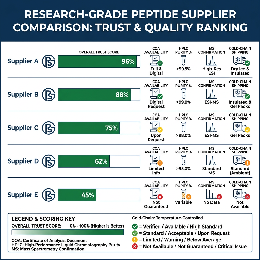 Comparison chart ranking five vetted research peptide suppliers based on COA, HPLC/MS data, and storage compliance.