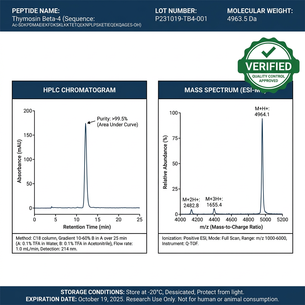 Example Certificate of Analysis with HPLC chromatogram and mass spectrum for a research peptide, highlighting verification data.